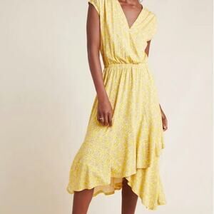 Maeve Anthropologie Yellow Printed Fete Faux Wrap Midi Dress